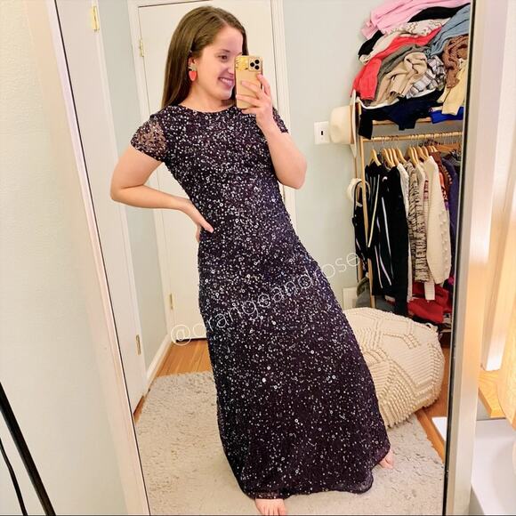 Adrianna Papell Dresses & Skirts - Adrianna Papell Dark Purple Beaded Sequin Short Sleeve Maxi Dress Train Event 8